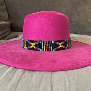 Chida Frida Fuchsia Wide-Brim Suede Hat with Multicolor Hand Beaded Band